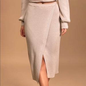 NWT Lulus Taupe Ribbed Knit Faux Wrap Midi Skirt